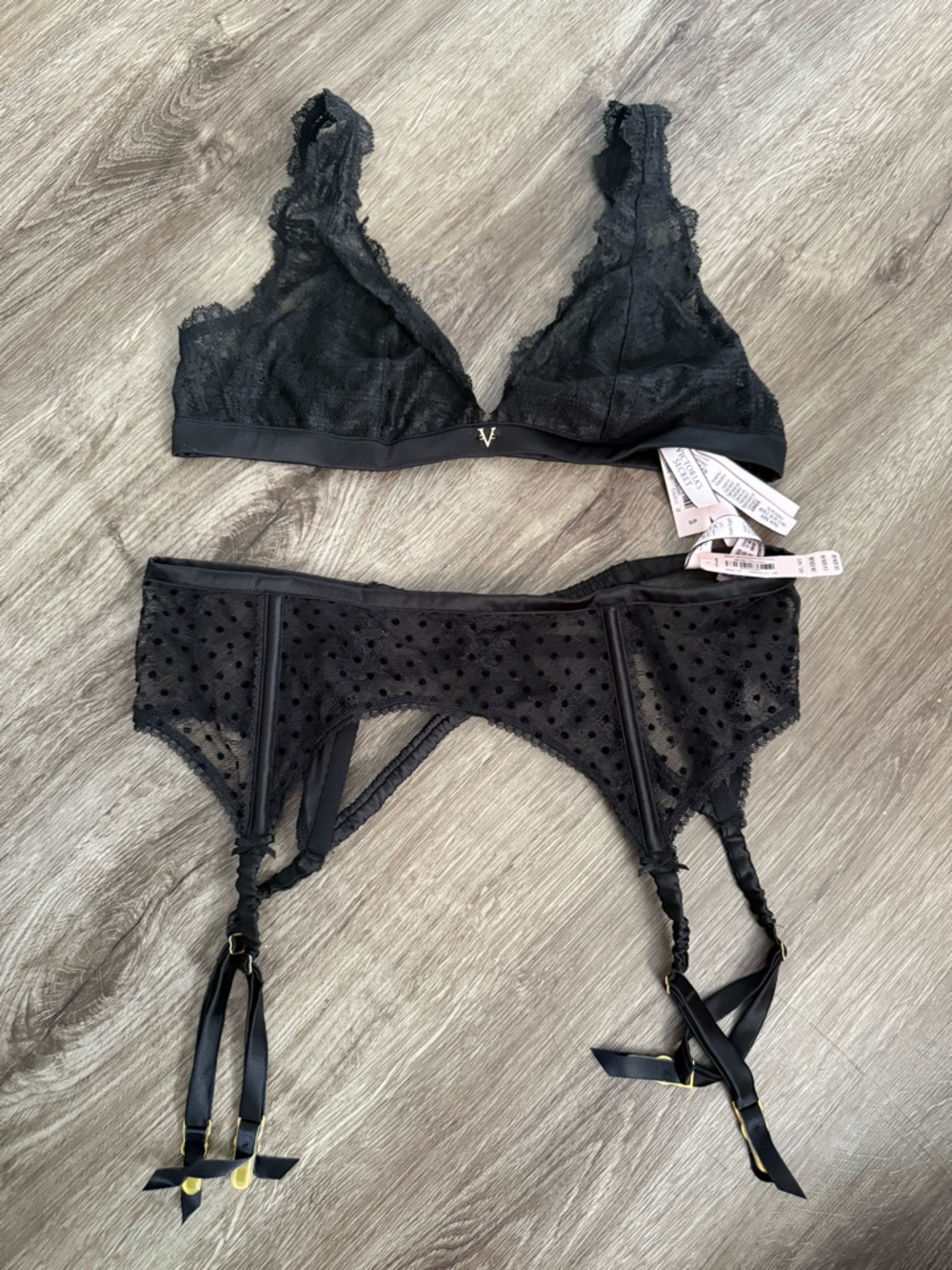 Victoria's Secret Black Lace Bralette with Polka Dot Garter Belt